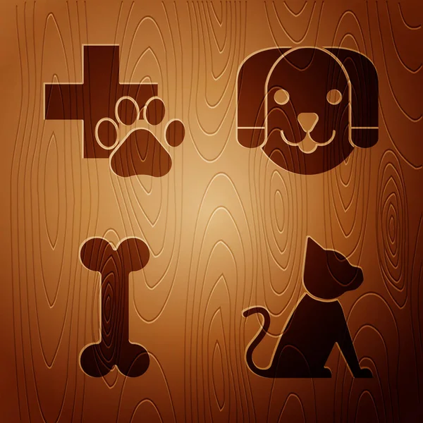 Set Cat, símbolo de clínica veterinária, osso do cão e cão em fundo de madeira. Vetor — Vetor de Stock