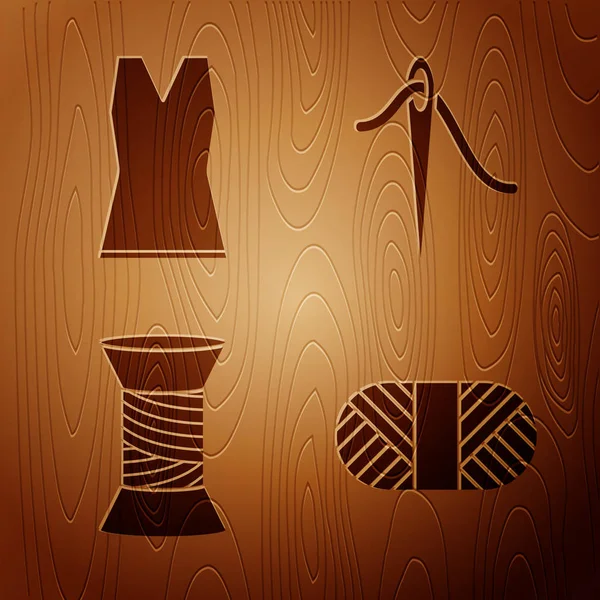 Set Naaigaren op de spoel, Vrouw jurk, Naaigaren op de spoel en Naald voor het naaien met draad op houten ondergrond. Vector — Stockvector
