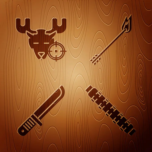 Set Hunting cartridge belt with cartridges, Hunt on moose with crosshairs, Hunter knife and Flame arrow on wooden background. Vector — Stock Vector