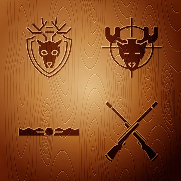 Set Two crossed shotguns, Deer head with antlers on shield, Trap hunting and Hunt on moose with crosshairs on wooden background. Vector — Stock Vector