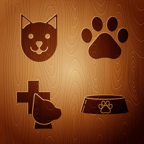 Set Pet food bowl for cat or dog, Cat, Veterinary clinic symbol and Paw print on wooden background. Vector — Stock Vector