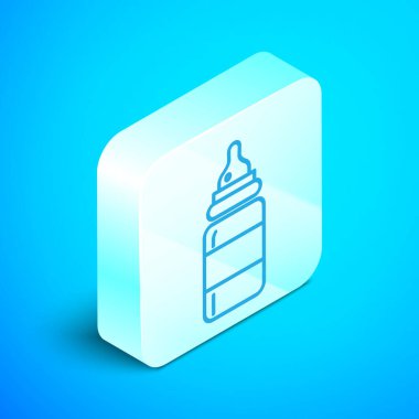 Isome hattı bebek şişesi simgesi mavi arka planda izole edildi. Beslenme şişesi simgesi. Süt şişesi tabelası. Gümüş kare düğme. Vektör İllüstrasyonu