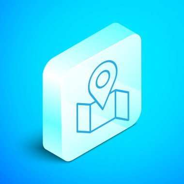 Mavi arkaplanda konum imleci simgesi izole edilmiş Isometric satır katlanır harita. Gümüş kare düğme. Vektör İllüstrasyonu