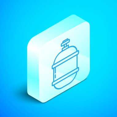 Isometric hattı Propan gaz tankı ikonu mavi arka planda izole edildi. Yanabilir benzin deposu ikonu. Gümüş kare düğme. Vektör İllüstrasyonu