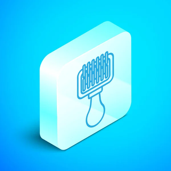 Isometric line Hair brush for dog and cat icon isolated on blue background. Brush for animal fur. Pet accessory. Silver square button. Vector Illustration