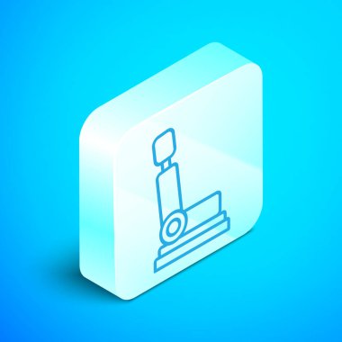 Mavi arka planda izole edilmiş Isome hattı araç koltuğu simgesi. Araba koltuğu. Gümüş kare düğme. Vektör İllüstrasyonu