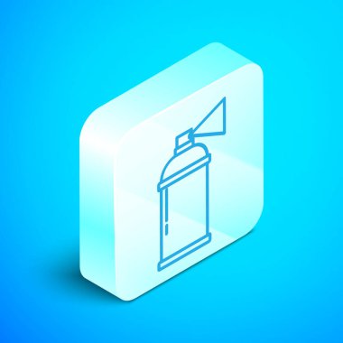 Mavi arkaplanda izole edilmiş Isometric çizgi boya spreyi ikonu. Gümüş kare düğme. Vektör İllüstrasyonu