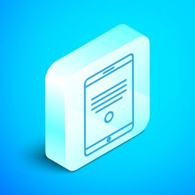Isometric satır Tablet simgesi mavi arkaplanda izole edildi. Gümüş kare düğme. Vektör İllüstrasyonu