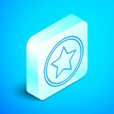 Isometric çizgi yıldızı simgesi mavi arkaplanda izole edildi. Favori, en iyi derecelendirme, ödül sembolü. Gümüş kare düğme. Vektör İllüstrasyonu