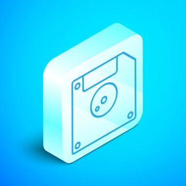 Bilgisayar veri depolama simgesi için Isometric line diski mavi arkaplanda izole edildi. Disket işareti. Gümüş kare düğme. Vektör İllüstrasyonu