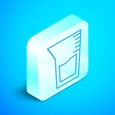Isometric Line Laboratuvarı cam süslemesi ya da beher ikonu mavi arkaplanda izole edilmiş. Gümüş kare düğme. Vektör İllüstrasyonu