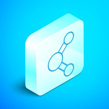 Isometric satır Paylaşım simgesi mavi arkaplanda izole edildi. Paylaşma, iletişim piktogramı, sosyal medya, bağlantı, ağ, dağıtım işareti. Gümüş kare düğme. Vektör İllüstrasyonu