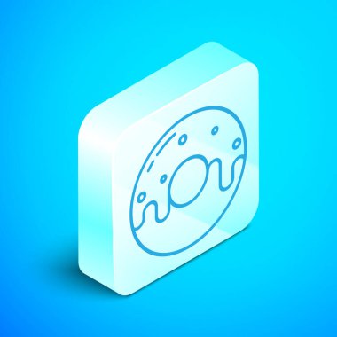 Mavi arka plan üzerinde izole tatlı sır simgesi ile izometrik çizgi Donut. Gümüş kare düğme. Vektör İllüstrasyonu