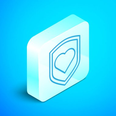 Mavi arkaplan üzerinde kalkan simgesi olan Isometric Line Heart. Aşk sembolü. Güvenlik, güvenlik, koruma, konsept koruma. Sevgililer Günü. Gümüş kare düğme. Vektör İllüstrasyonu