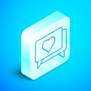 Isometric line Like ve kalp ikonu mavi arkaplanda izole edilmiş. Karşıt Bildirim Simgesi. Insta 'yı takip et. Gümüş kare düğme. Vektör İllüstrasyonu