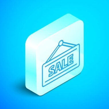 Mavi arkaplanda izole edilmiş metin satışı simgesiyle Isometric satır asma işareti. Mesaj indirimli tabela. Gümüş kare düğme. Vektör İllüstrasyonu