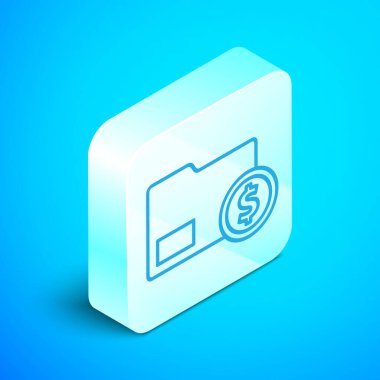 Mavi arka planda izole sikke dolar sembolü simgesi ile izometrik çizgi Zarf. Maaş artışı, maaş bordrosu, tazminat geliri. Gümüş kare düğme. Vektör İllüstrasyonu