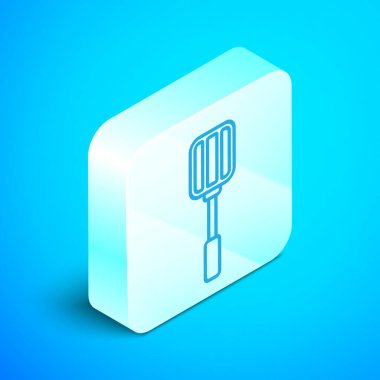 Isometric line Spatula simgesi mavi arkaplanda izole edildi. Mutfak spatula ikonu. Bbq spatula işareti. Barbekü ve ızgara aleti. Gümüş kare düğme. Vektör İllüstrasyonu