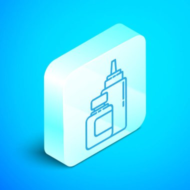 İzometrik çizgi Sos şişe simgesi mavi arka plan üzerinde izole. Ketçap, hardal ve fast food için soslu mayonez şişeleri. Gümüş kare düğme. Vektör İllüstrasyonu