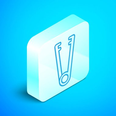 Isometric line Meat maşası simgesi mavi arkaplanda izole edildi. Barbekü maşası imzası. Barbekü ve ızgara aleti. Gümüş kare düğme. Vektör İllüstrasyonu