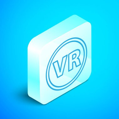 Mavi arka planda izole edilmiş sanal gerçeklik gözlüğü simgesi. Stereoskopik 3D VR maskesi. Gümüş kare düğme. Vektör İllüstrasyonu
