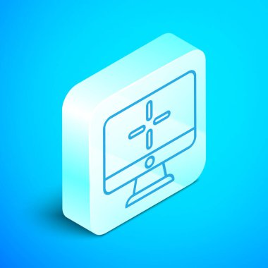 Isometric çizgi bilgisayar monitörü simgesi mavi arkaplanda izole edildi. Bilgisayar bileşeni işareti. Gümüş kare düğme. Vektör İllüstrasyonu