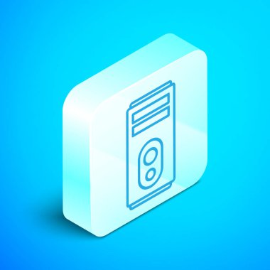 Isometric çizgi Bilgisayar simgesi mavi arkaplanda izole edildi. Bilgisayar bileşeni işareti. Gümüş kare düğme. Vektör İllüstrasyonu