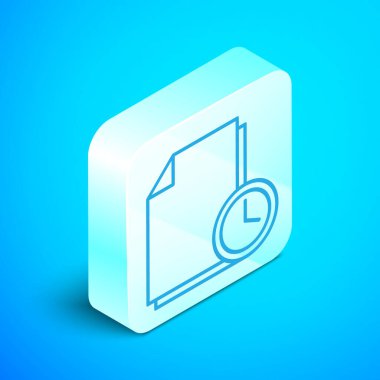 Mavi arkaplanda saat simgesine sahip Isometric satır belgesi. Belge ve geri sayım, teslim tarihi, program, planlama sembolü. Gümüş kare düğme. Vektör İllüstrasyonu