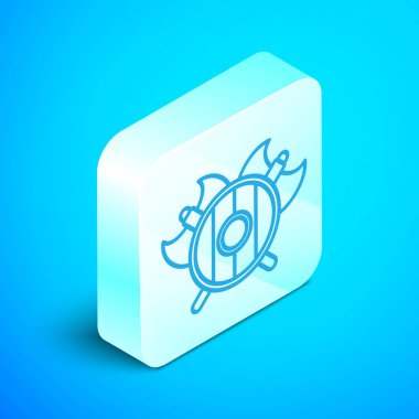 Mavi arka planda çapraz eksen simgesi olan Isometric çizgisi Ortaçağ kalkanı. Savaş baltası, cellat baltası. Gümüş kare düğme. Vektör İllüstrasyonu