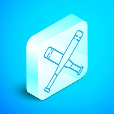 İzometrik çizgi mavi arka planda izole edilmiş beyzbol sopası simgesini aştı. Gümüş kare düğme. Vektör İllüstrasyonu