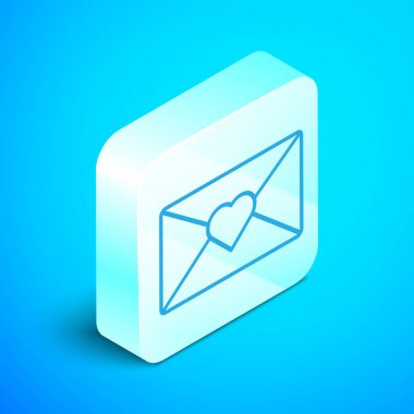 Mavi arka plan üzerinde izole Valentine kalp simgesi ile izometrik çizgi Zarf. Mesaj aşk. Mektup aşk ve romantizm. Gümüş kare düğme. Vektör İllüstrasyonu