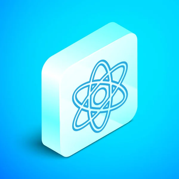 Izometrická Čára Ikona Atom Izolovaná Modrém Pozadí Symbol Vědy Vzdělání — Stockový vektor