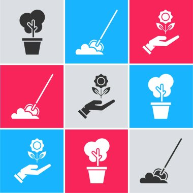 Ağacı tencereye koy, küreği yere at ve El çiçek ikonunu tut. Vektör