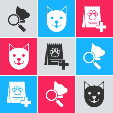 Veterinerlik kliniği sembolü, köpek ikonu için kedi ve yiyecek torbası. Vektör