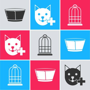 Koruyucu koni tasması, veteriner kliniği sembolü ve kuş ikonu için kafes ayarla. Vektör