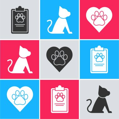 Tıbbi kayıt evcil hayvanıyla panoyu hazırla. Hayvanların ayak izi ikonuyla Cat and Heart. Vektör