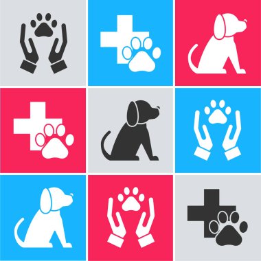Hayvanların ayak izlerine, veteriner kliniğine ve köpek ikonuna el atın. Vektör