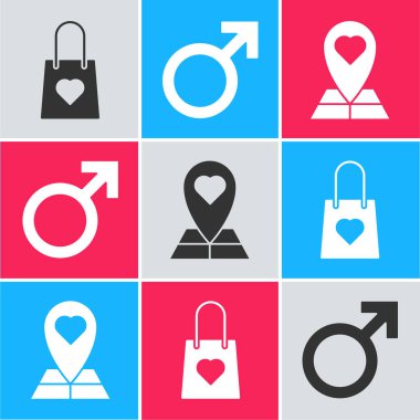 İçinde kalp olan alışveriş torbası, cinsiyet sembolü ve kalp simgesi olan harita işaretleyicisi. Vektör