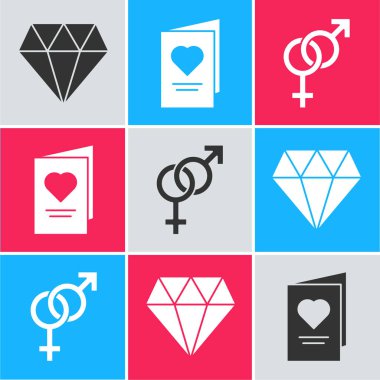 Diamond, Sevgililer Günü için kalp ve cinsiyet ikonlu parti broşürü hazırla. Vektör