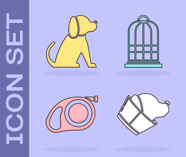Set Veterinary clinic symbol, Dog, Retractable cord leash with carabiner and Cage for birds icon. Vector