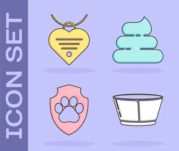 Set Cuello de cono protector, Collar con etiqueta de nombre y corazón, Seguro de salud animal e ícono de mierda. Vector — Archivo Imágenes Vectoriales