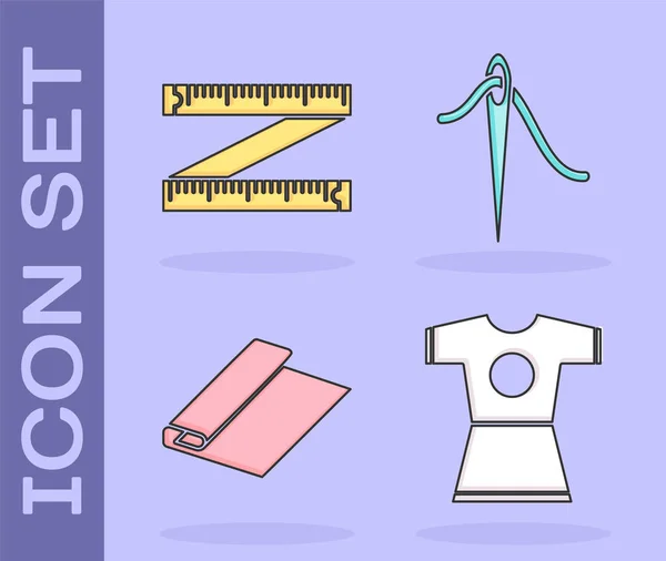 Set Vestido de mujer, cinta métrica, rollo de tela textil y aguja para coser con icono de hilo. Vector — Vector de stock