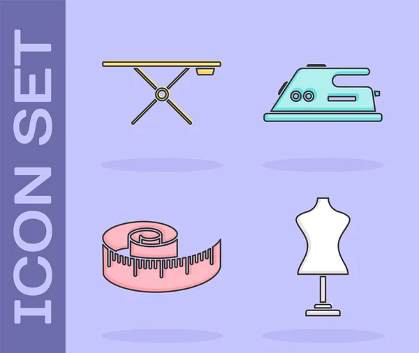 Set Mannequin, Ironing board, Tape measure and Electric iron icon. Vector — Stock Vector