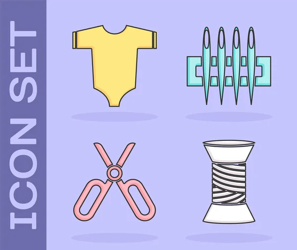 Набор ниток для шитья на катушку, детскую одежду, ножницы и иглу для иконки. Вектор — стоковый вектор