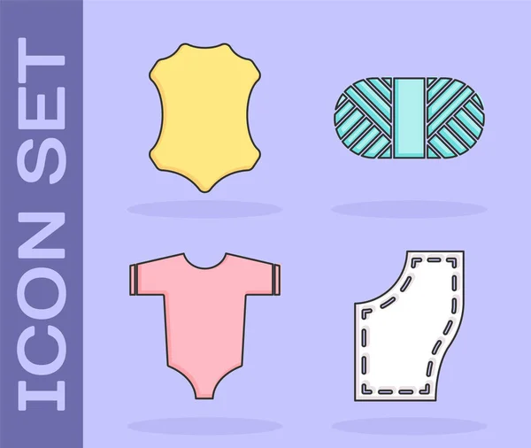 Establecer patrón de costura, cuero, ropa de bebé e hilo de coser en el icono de carrete. Vector — Vector de stock