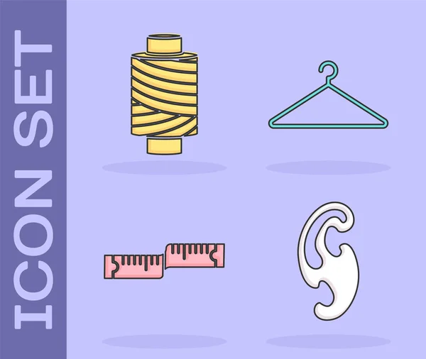 Set French curves, Sewing thread on spool, Tape measure and Hanger wardrobe icon. Vector — Stock Vector