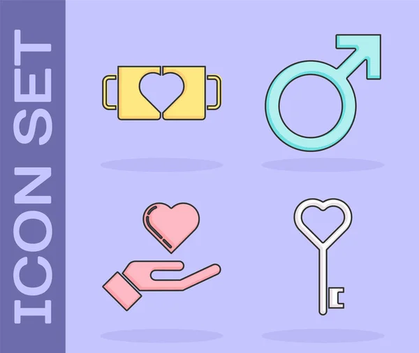 Set Schlüssel in Herzform, zwei Kaffeetassen und Herz, Herz zur Hand und männliches Gender-Symbol-Symbol. Vektor — Stockvektor