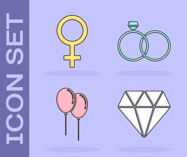 Set Diamond, symbole de genre féminin, ballons avec ruban et icône d'anneaux de mariage. Vecteur — Image vectorielle