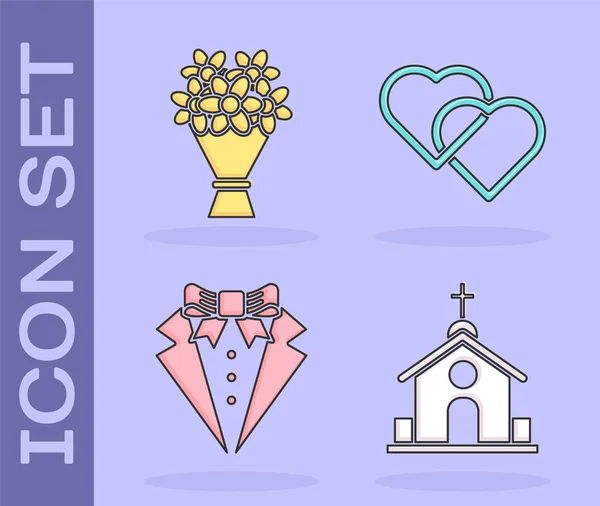 Conjunto edificio de la iglesia, ramo de flores, traje y dos corazones vinculados icono. Vector — Vector de stock