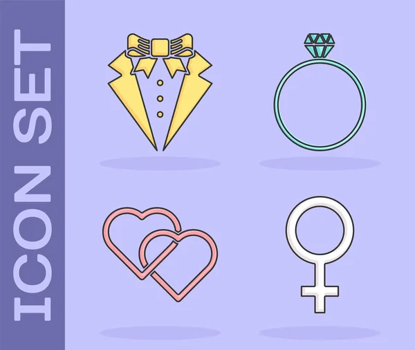 Zestaw żeński symbol płci, Garnitur, Dwa połączone serca i Diamentowy pierścionek zaręczynowy ikona. Wektor — Wektor stockowy